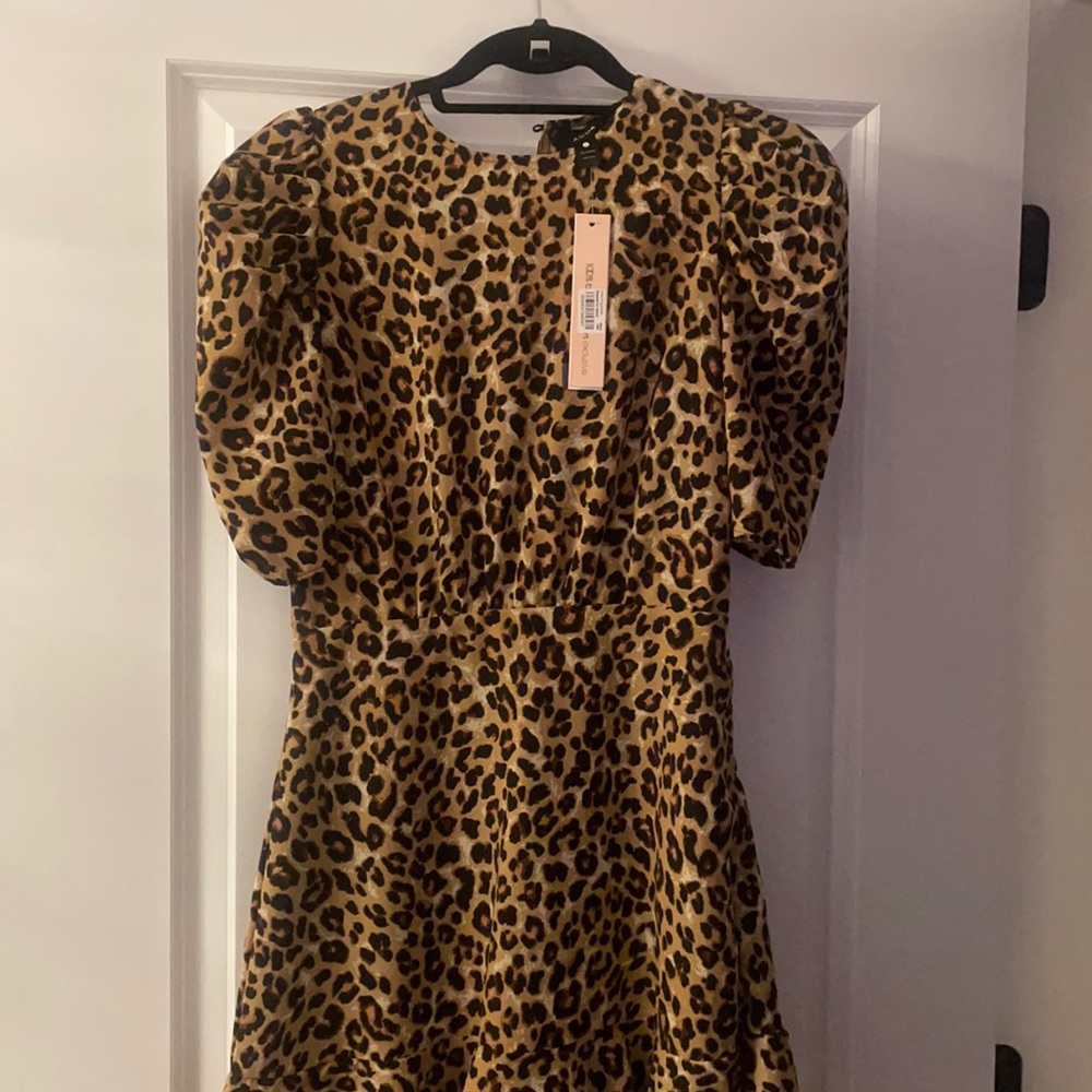 Aqua Leopard Dress with puff sleeves